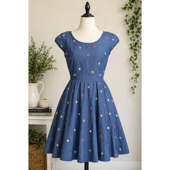 eshakti Dresses & Skirts - Retro Polka Dot Denim Fit Flare Dress Homecoming Pockets Custom eShakti